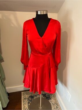 Skies Are Blue Vibrant Red Long-Sleeve Wrap Dress